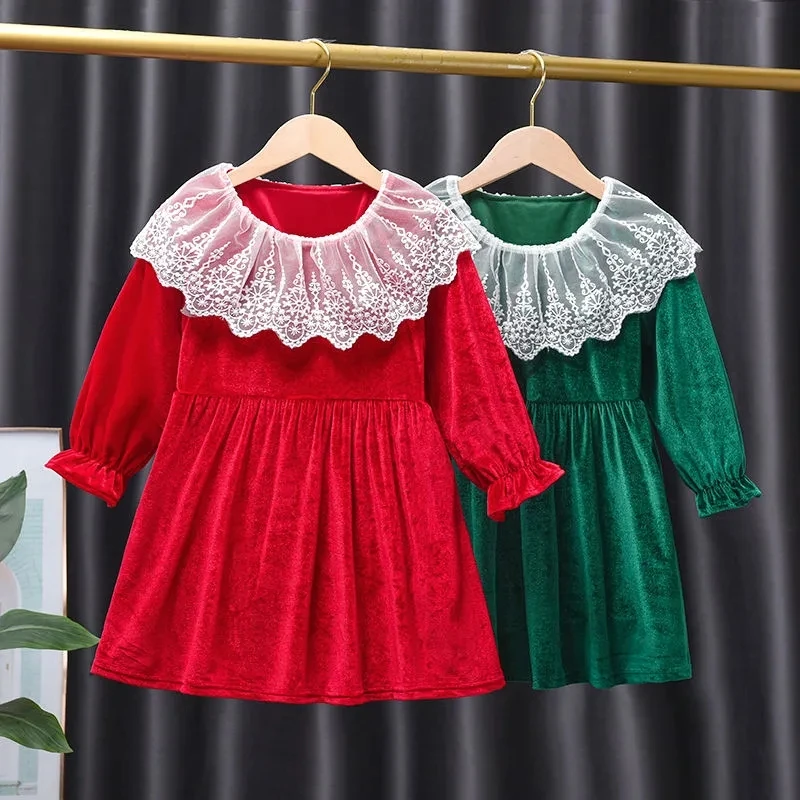2-12 лет Детские платья с длинным рукавом для девочек Кружевной воротник Платье принцессы Наряды для малышей Корейское детское платье 6 7 8 9 10