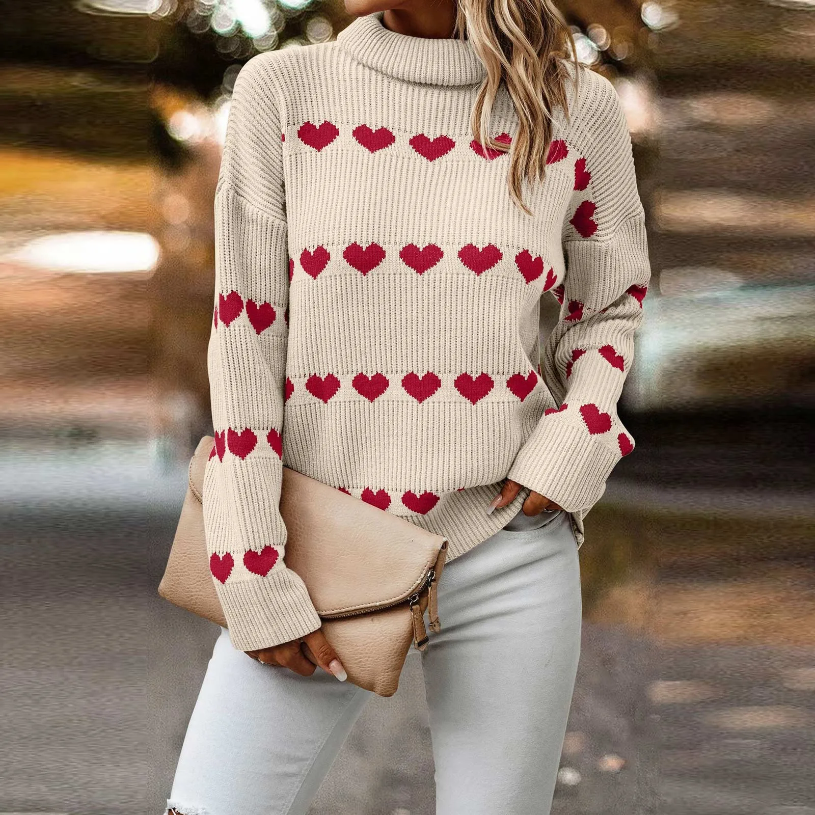 2023 Вязаный женский свитер Пуловеры в рубчик Водолазка с вышивкой в виде сердца Осень-зима Базовые женские свитера Fit Мягкие теплые топы