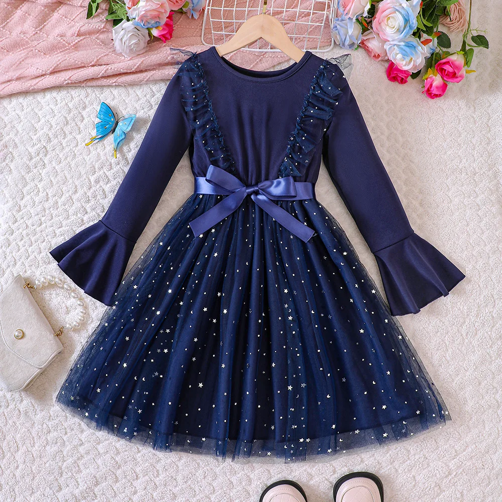 2023 Зимнее новое платье для девочек с длинным рукавом и оборками Бант Блестящие пайетки Синий Симпатичный дизайнер Принцесса Девочки Платье Vestido 0-3T