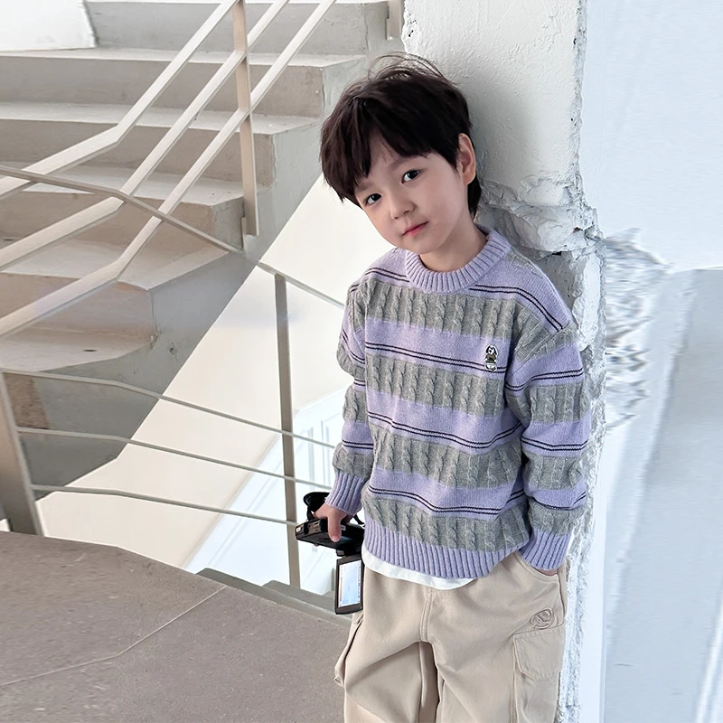 2023 Зимний детский свитер контрастный цвет полосатый теплый трикотаж Мальчики и девочки мультяшная вышивка вязаный пуловер