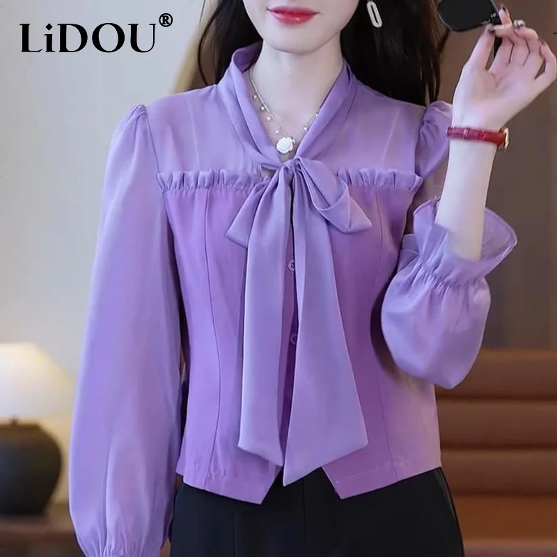 2023 Новые корейские модные рубашки Женщины Сплошной цвет Эстетическая Сладкая Элегантная Леди Блузка Свободный Повседневный Топ Все Матч Женская Одежда