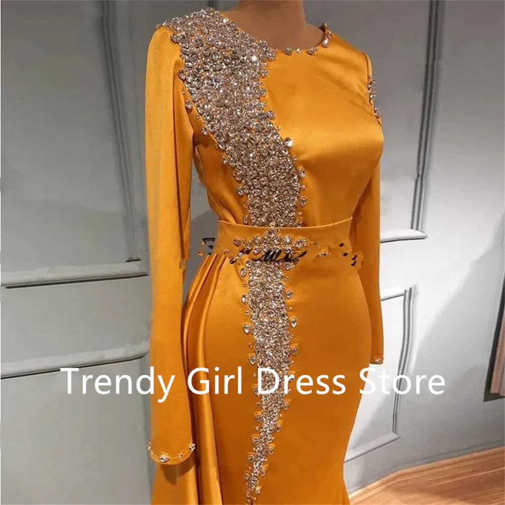 2023 Хрустальное выпускное платье русалки Нигерийский оранжевый с длинными рукавами Африканские платья для вечеринок в Дубае Vestidos Para Mujer Elegantes Y Bonitos