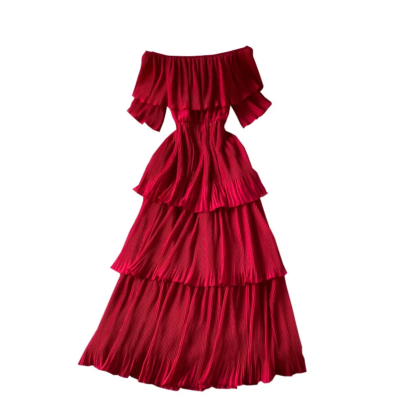 2024 Автопортрет Лето женское подиумное пляжное платье элегантный Сексуальное с открытыми плечами Каскадное плиссированное красное длинное платье с оборками
