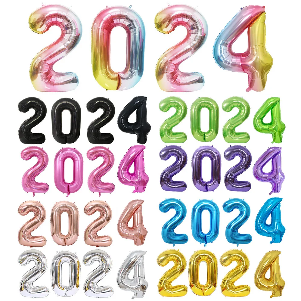 2024 Украшения 40-дюймовые огромные воздушные шары Черный Серебро Золото 2024 Цифровой Воздушный Шар Новогодний Декор