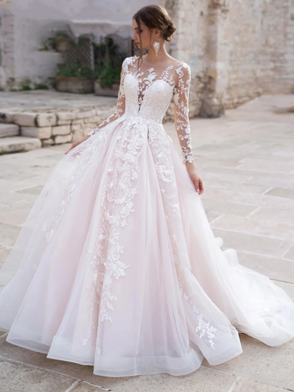 2024 Элегантное свадебное платье с о-образным вырезом и длинным рукавом Кружевное платье для невесты Белое длинное свадебное платье А-силуэта Vestidos De Novia