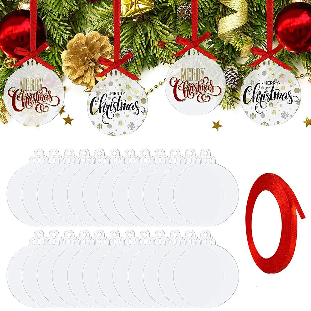 25 штук 3-дюймовые прозрачные акриловые рождественские украшения акриловые рождественские бирки DIY красная лента для украшения тег DIY Crafts