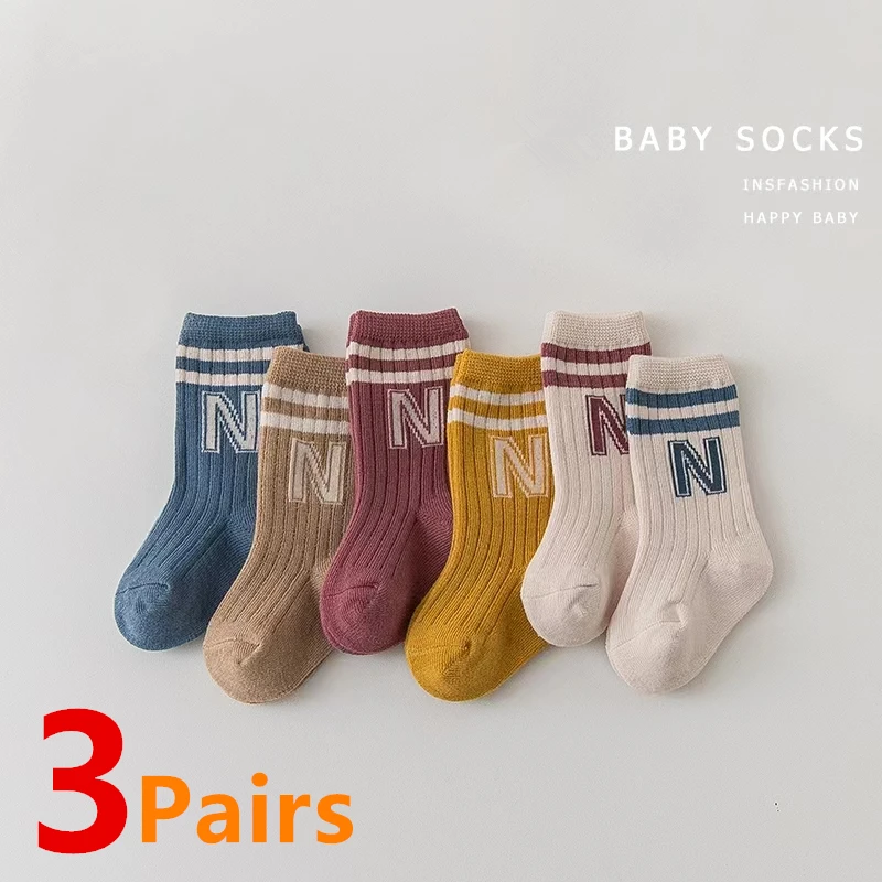 3 пары детские носки с буквами Мягкие хлопковые детские длинные носки до колен Младенцы для малышей Новорожденные мальчики Девочки Симпатичные полосатые носки для 0-3 лет