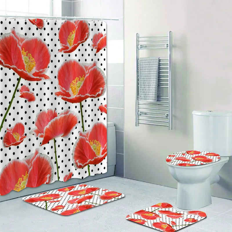3D Девчачий Шик Горошек Красные Маки Занавеска для душа и Коврик для ванны Набор элегантных цветочных цветов Аксессуары для ванной комнаты Декор
