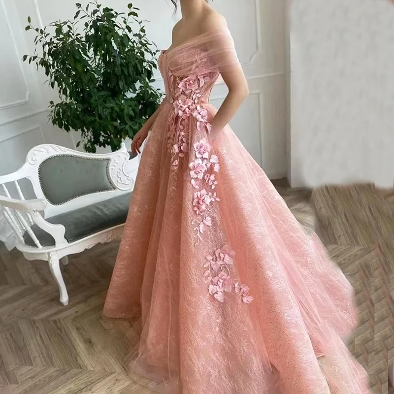 3D Цветы Розовые выпускные платья для женщин 2023 Тюль с открытыми плечами Длина до пола A-Line Специальные мероприятия Свадьба Гала-вечер Вечеринка