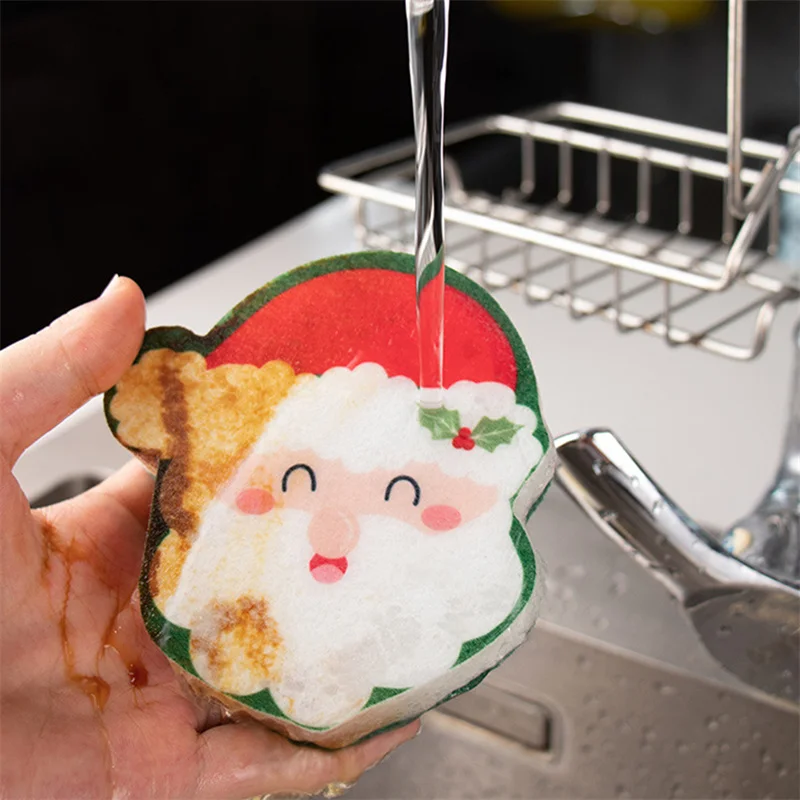 4Pcs Творчество Губка для мытья посуды Бытовая кухня Чистящая салфетка для ванной комнаты Сильная губка для мытья посуды Рождественская форма