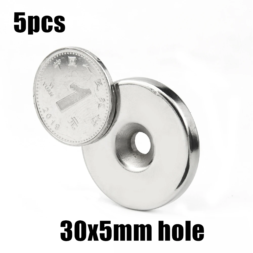 5 шт. 30x5 мм Отверстие: 5 мм Сверхпрочные круглые неодимовые кольцевые магниты с потайной головкой Редкоземельные N35