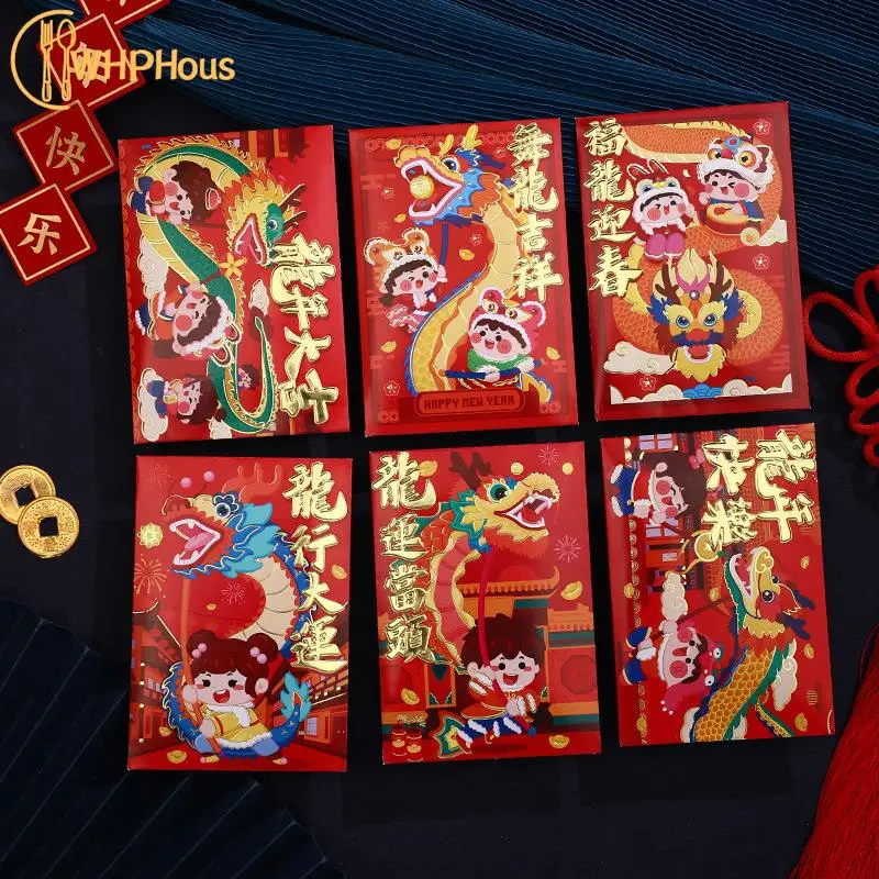 6Pcs 2024 Год Дракона Китайские Красные Конверты Дракон Хунбао Счастливые Деньги Подарочные Конверты Красный Пакет Для Новогоднего Благословения