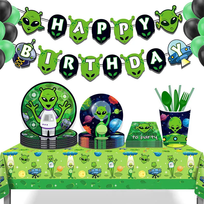 8 Гости Alien Birthday Party Посуда Зеленый инопланетянин Тарелки Чашки Салфетки Принадлежности для дня рождения Девочки Мальчики Baby Shower Favors