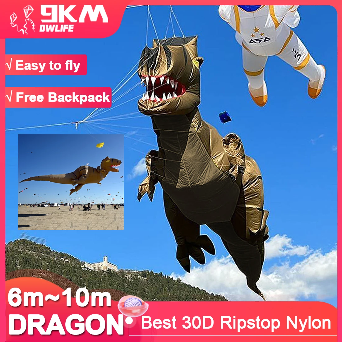 9 км 6 м ~ 10 м Overlord Dragon Kite Line Laundry Кулон Мягкий надувной шоу-кайт для фестиваля воздушных змеев 30D Ripstop Nylon с сумкой