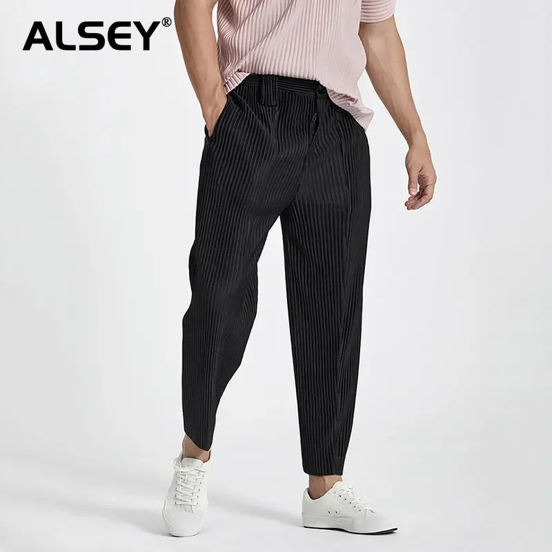ALSEY Miyake Japanese Streetwer Модные мужские плиссированные брюки Осень Новые шаровары Эластичная талия Свободные Причинно-следственные складные брюки