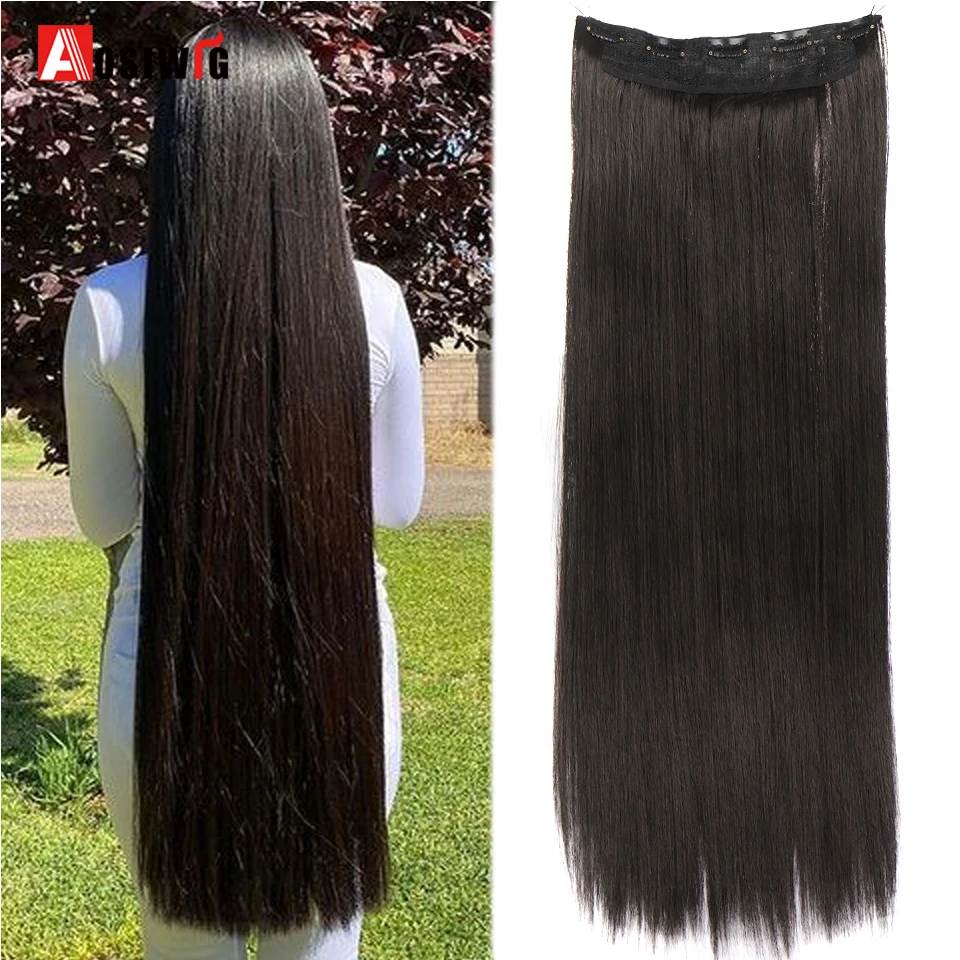 AOSI 32Inch Synthetic 5 Clip In Hair Extensions One Piece Long Straight Black Hairpiece For Women High Temperature Fiber Fake
