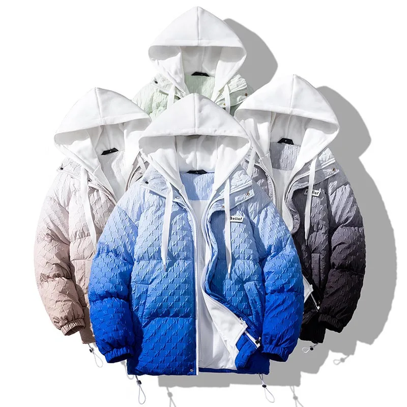  Autun и зимняя корейская версия утолщают мужскую куртку сохраняют тепло два поддельных куска с капюшоном градиент хлопковое пальто тренд пара в том же стиле