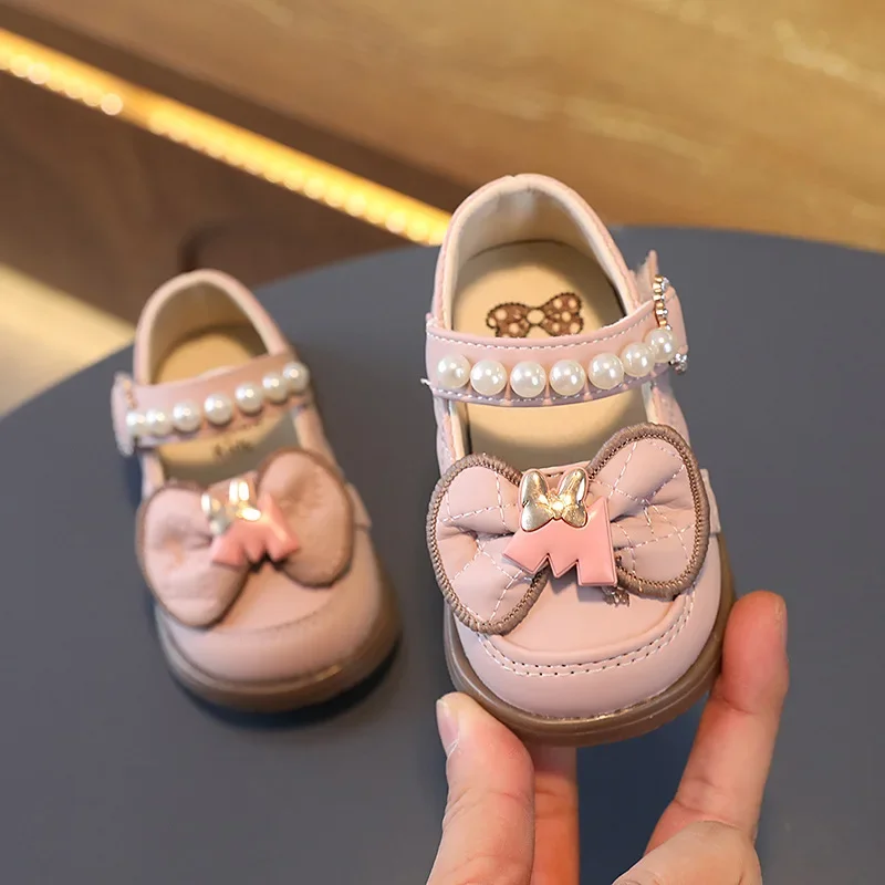 Baby First Walker Обувь Бант Жемчуг Универсальный Мягкая Детская Модная Кожаная Обувь Простая Нескользящая Детская Повседневная Обувь Жемчуг Шик