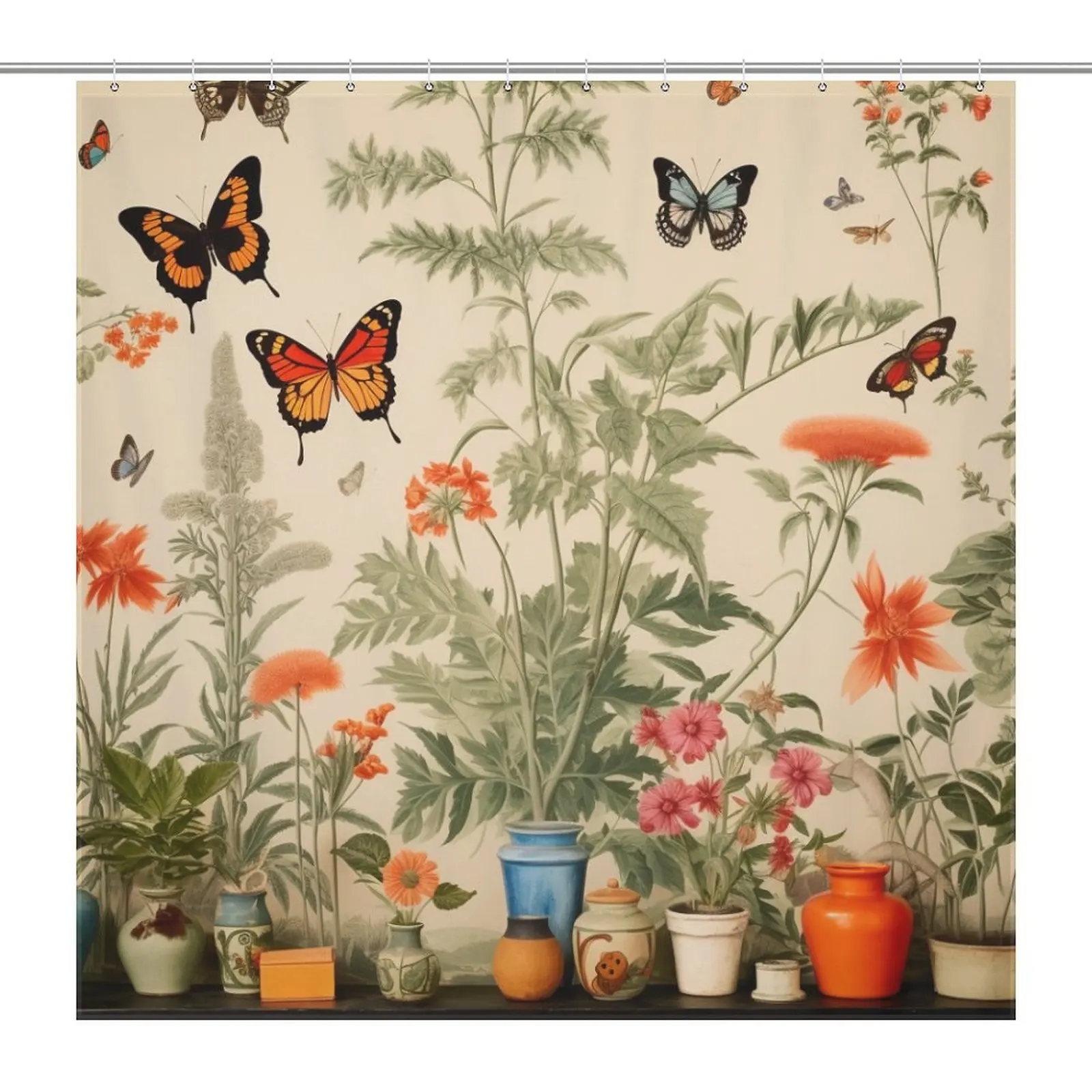 Blooming Tranquility Водонепроницаемая занавеска для душа Бабочка Цветочное растение Весенний мотив для ванной комнаты с крючками 12 шт.