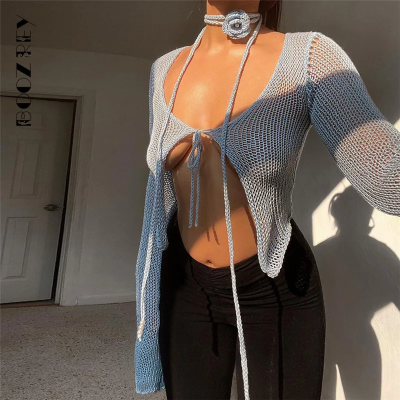BoozRey Sexy Solid 3D Flower Knit Cardigan Lace-up Long Sleeve Top Women 2023 Autumn Navel Exposed Low Cut High Street Наряды