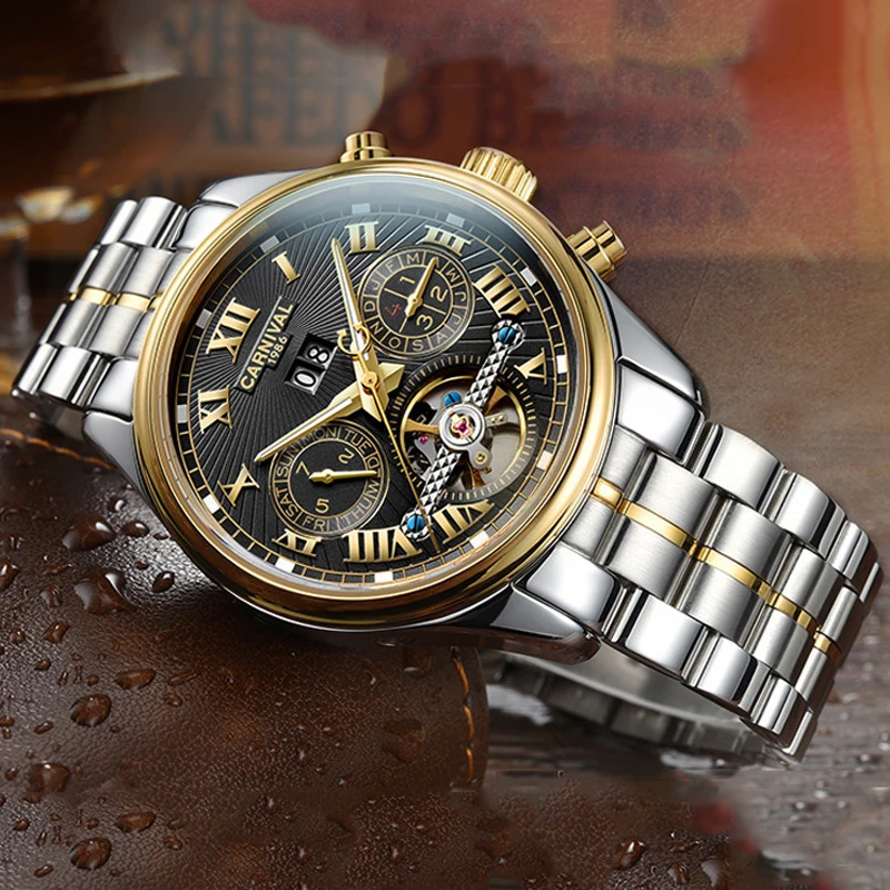 CARNIVAL Оригинальные часы с турбийоном для мужчин Топ-бренд Роскошные спортивные часы с датой Водонепроницаемые автоматические механические мужские часы Relogio