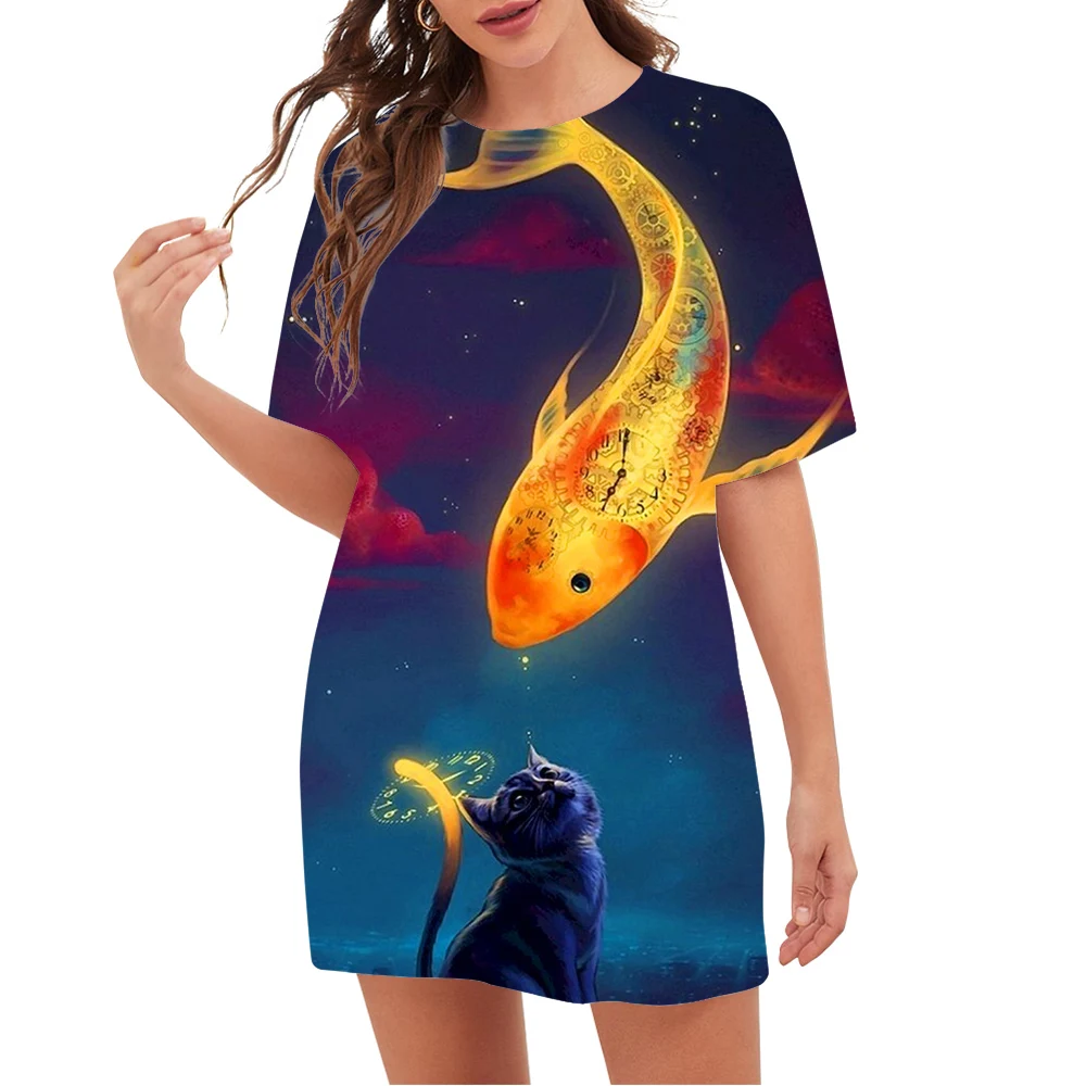 CLOOCL Повседневная женская футболка Рыбы и кошка Узор 3D-печатная футболка с круглым вырезом и коротким рукавом Женские футболки оверсайз Топы