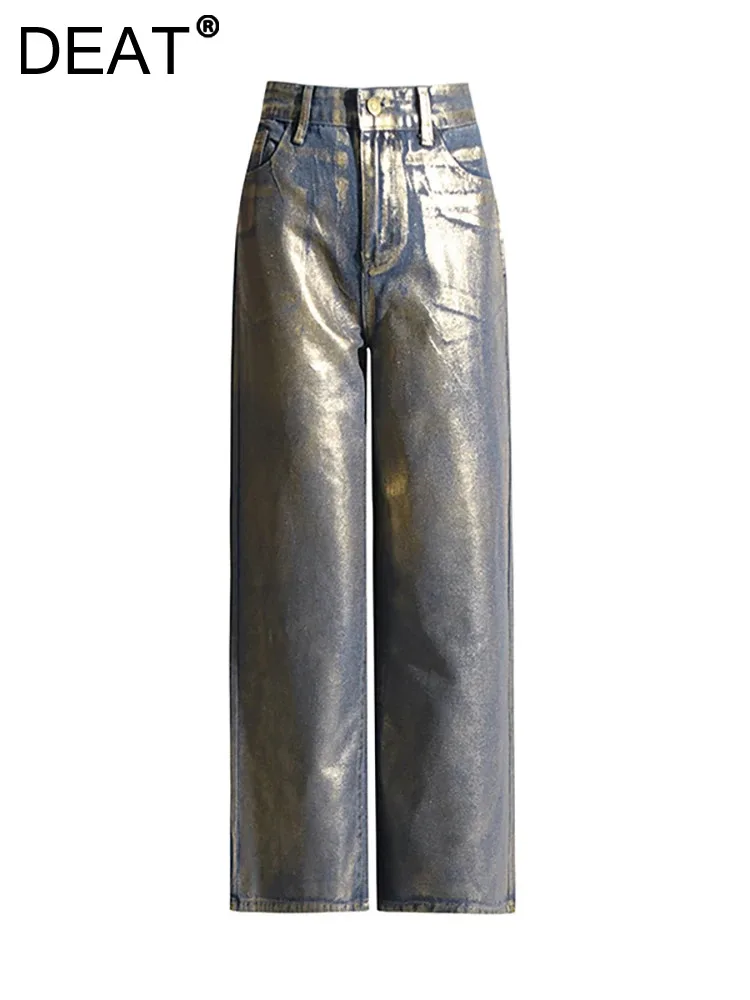 DEAT Женские джинсы с высокой талией Позолоченные покрытые Свободные прямые широкие штанины Крутой дизайн джинсовые брюки 2024 Весна Новая мода 29L5443