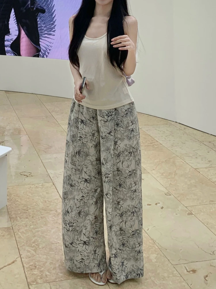Deeptown Корейская мода с цветочным принтом Широкие брюки Женщины Винтаж Оверсайз Мешковатые Жидкие Брюки Harajuku Kpop Панталоны с высокой талией