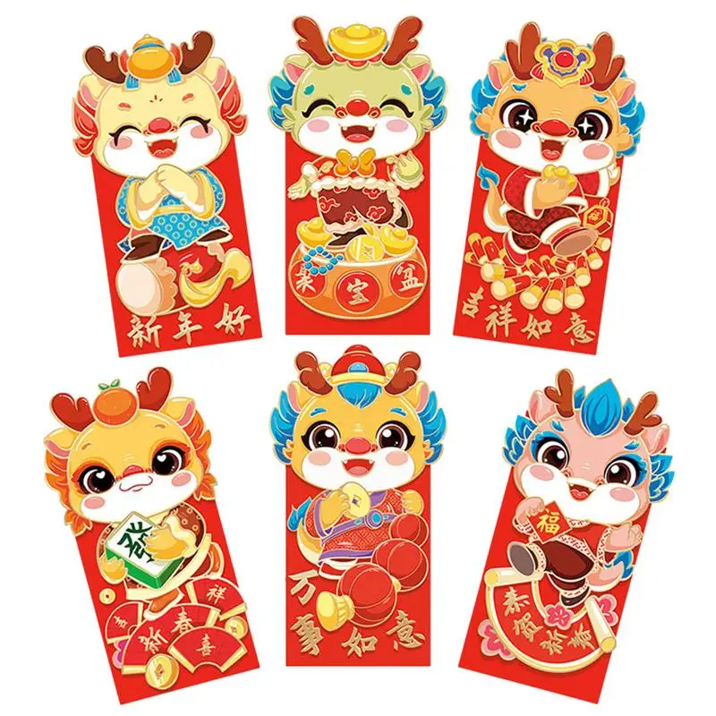  Dragon Red Packet, 6 шт. Китайский Новый год Красный конверт картонный пакет Dragon Spring Festival для подарков для вечеринок