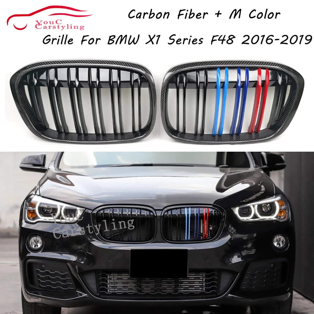 F48 Углеродное волокно с двумя планками Gloss M Цвет решетки радиатора для BMW X1 серии F48 2016-2019 Решетки переднего бампера
