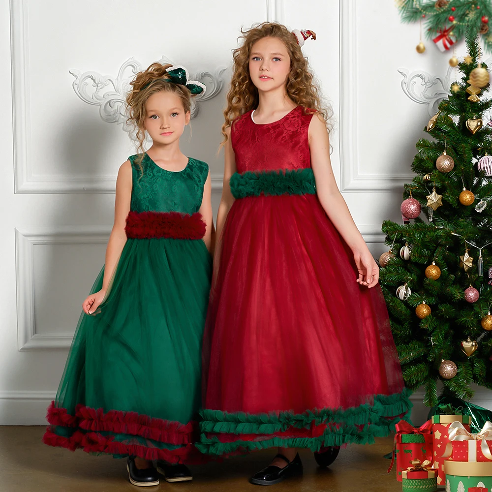 Girls Green Red Christmas Party Dress Puffy Tulle Pageant Платья для подружек невесты для девушки Свадебное выпускное платье Формальный вечер Vestidos