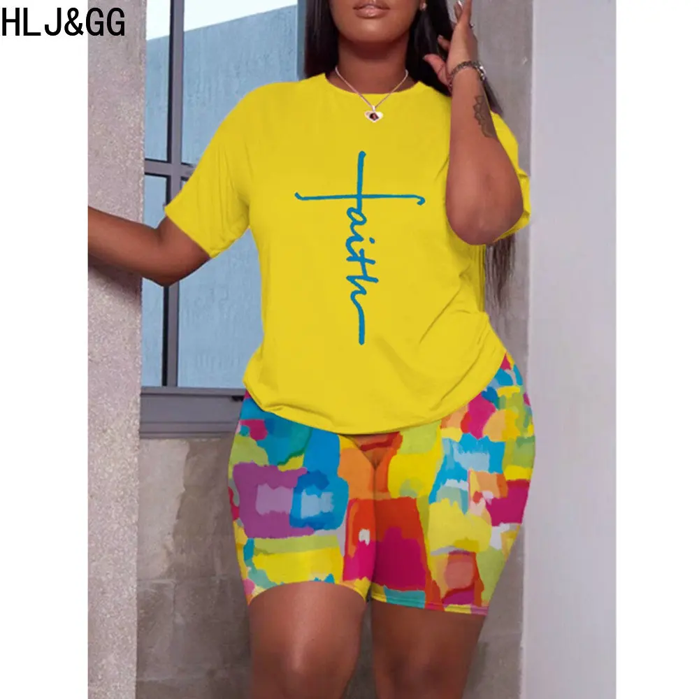 HLJ&GG Летние шорты с печатью Комплекты из двух частей Женские топ с круглым вырезом и коротким рукавом Байкерские шорты Спортивные костюмы Повседневные 2 шт. Наряды