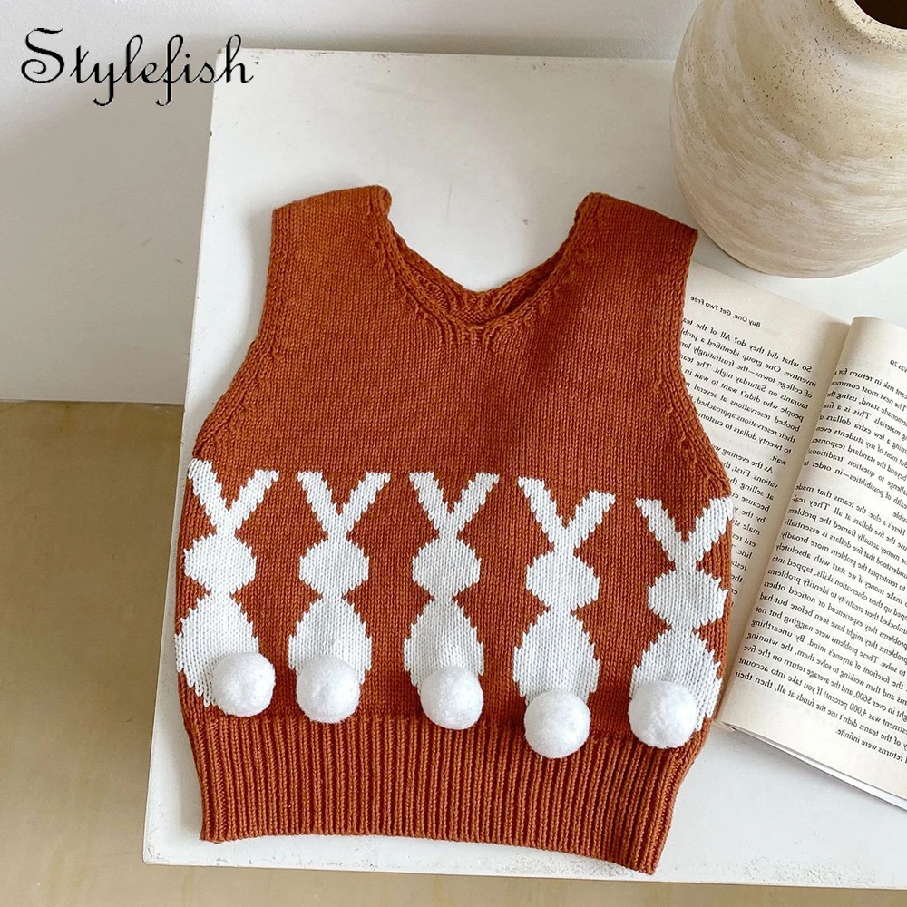Instagram Весна и осень Детская одежда Милая девочка-кролик Жаккардовый пуловер с V-образным вырезом Вязаная майка Свитер