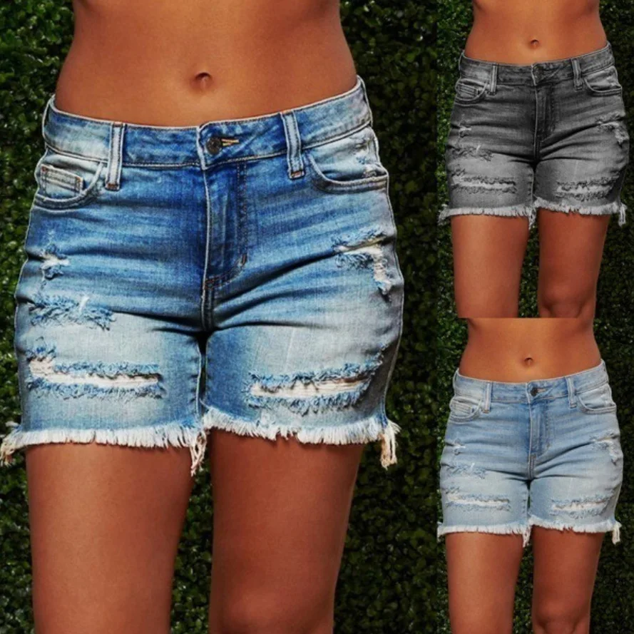 Lady Jeans Повседневные шорты с высоким эластичным подолом в стиле ретро Рваные джинсовые шорты Летние женские джинсовые шорты с потертыми кисточками