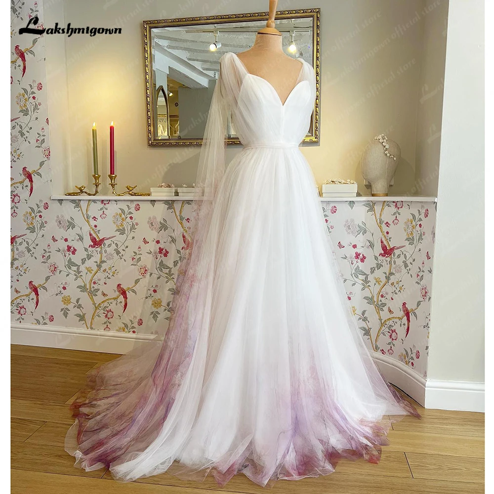 Lakshmigown Принт Цветочный сад Тюль Свадебное платье с накидкой Женщины без рукавов A Line V-образный вырез свадебные платья для невесты