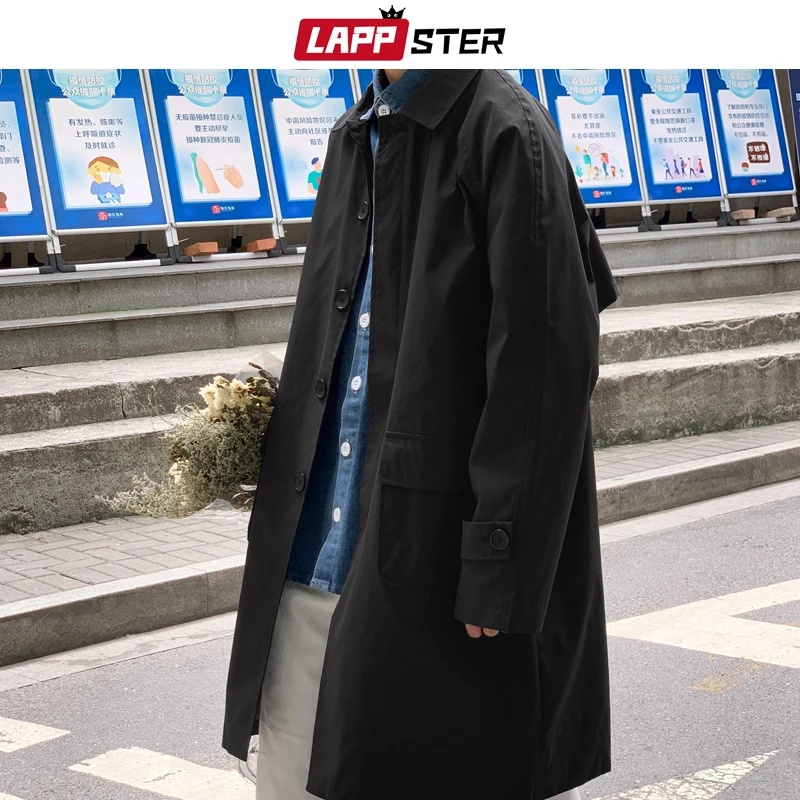 LAPPSTER Korean Fashions Длинный тренч 2023 Ветровка Японские уличные куртки Пальто Мужские черные пальто Harajuku Oversize