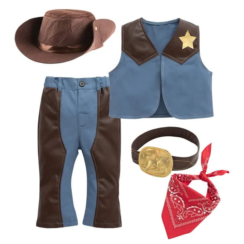 Little Boys Western Cowboy Жилет, брюки, шляпа, красная бандана и ремень 5шт Косплей Наряд Одевалка Вечеринки Сценическая одежда Набор новый