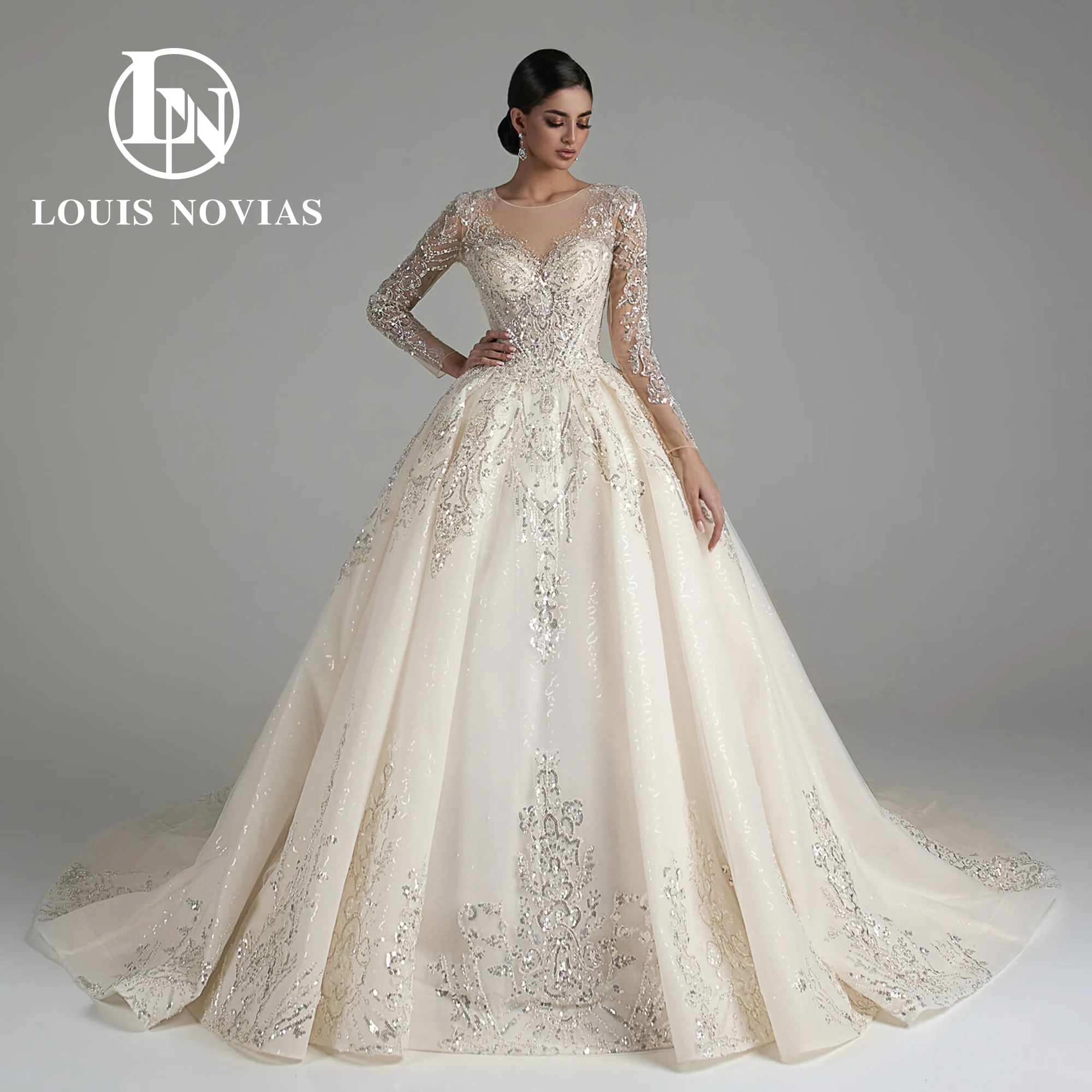 LOUIS NOVIAS Роскошное бальное платье Свадебные платья 2023 Вышивка бисером Собор с пайетками Свадебное платье Vestidos De Novia