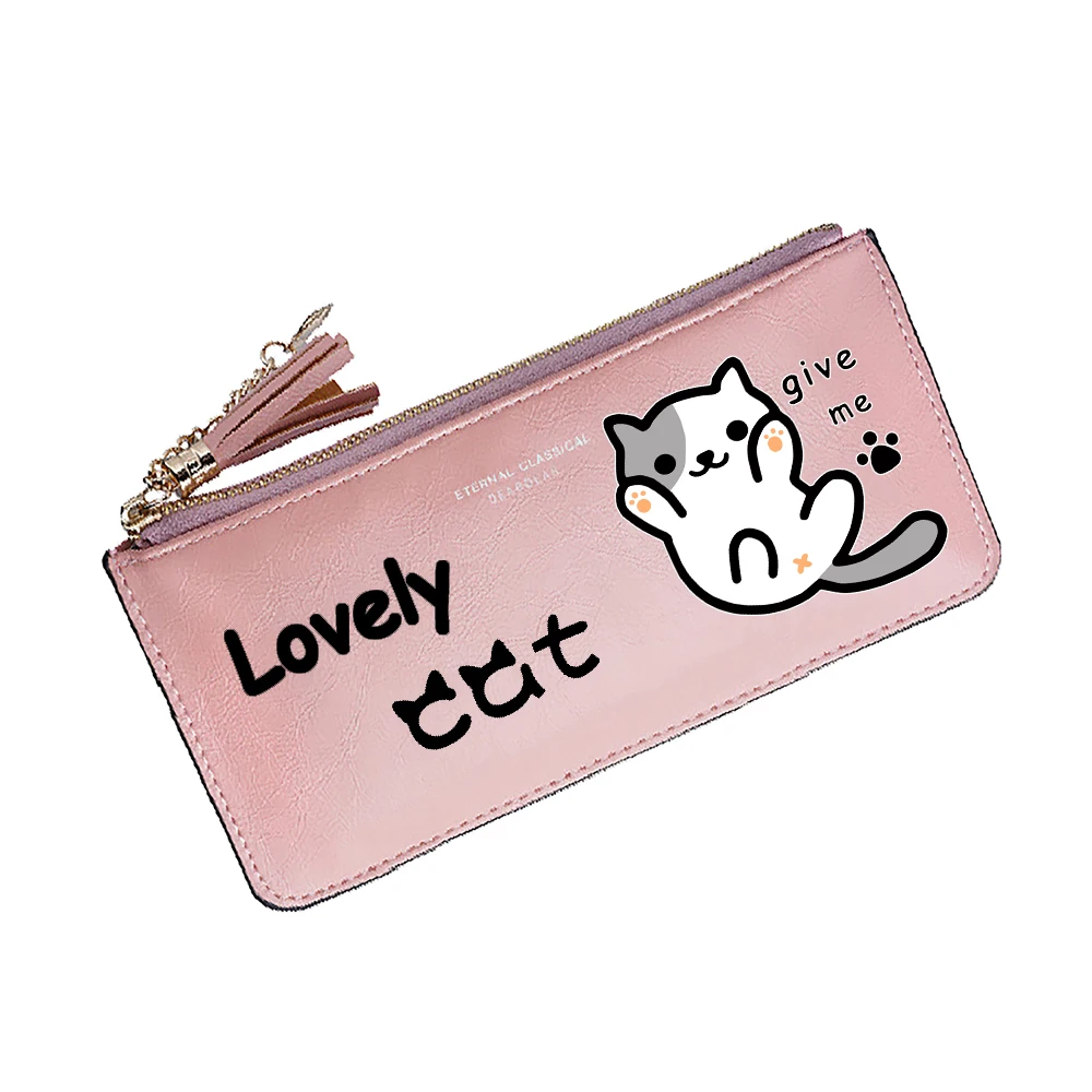 Lovely Cat Women Длинный кошелек с карманами для монет Kawaii Cat ID Card Holder Розовые кошельки Pu Leather Cartoon Money Bag Клатч для девочек