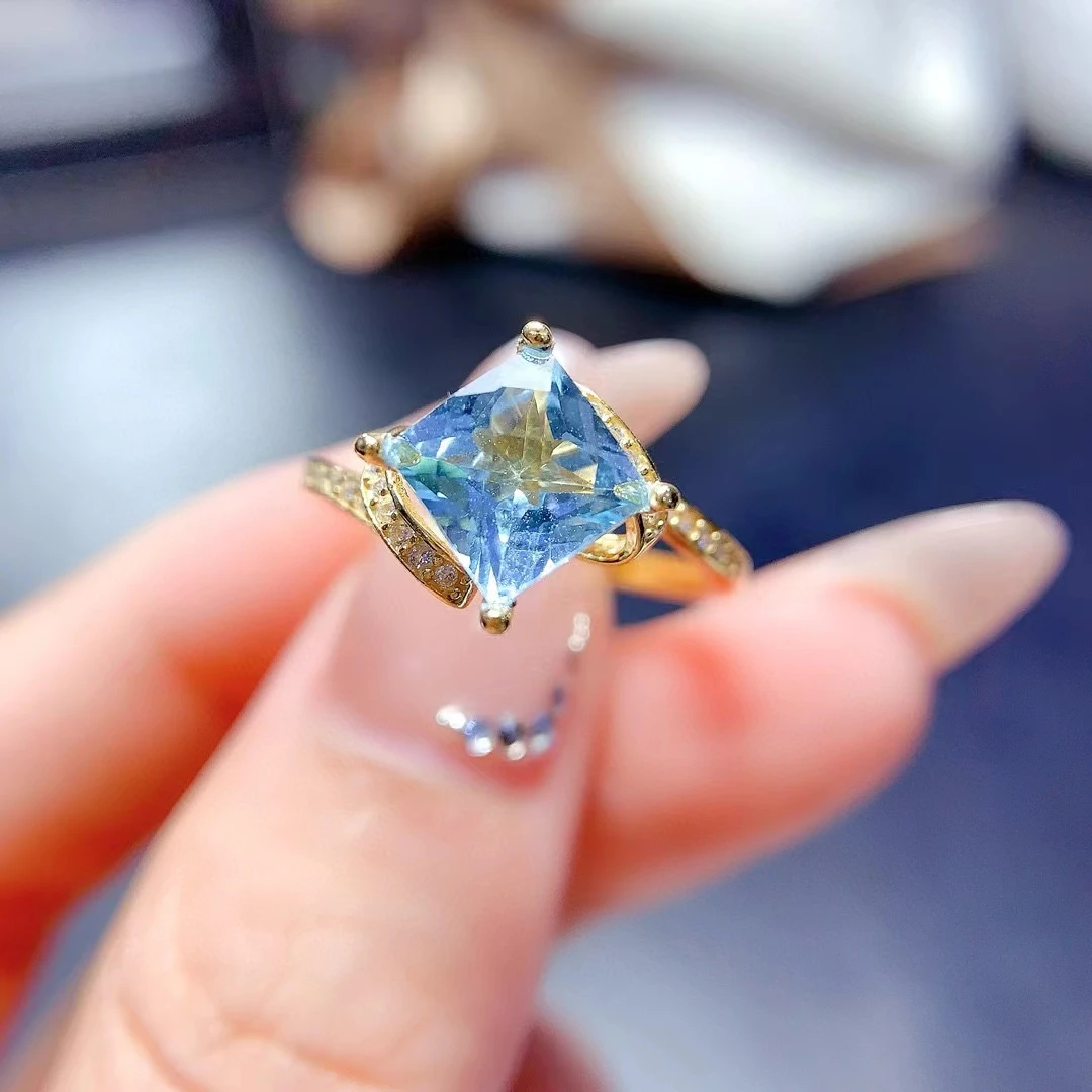MeiBaPJ 7 мм Небесно-голубой топаз Модное кольцо для женщин Настоящее 925 Стерлинговое Серебро Изысканные Ювелирные Изделия