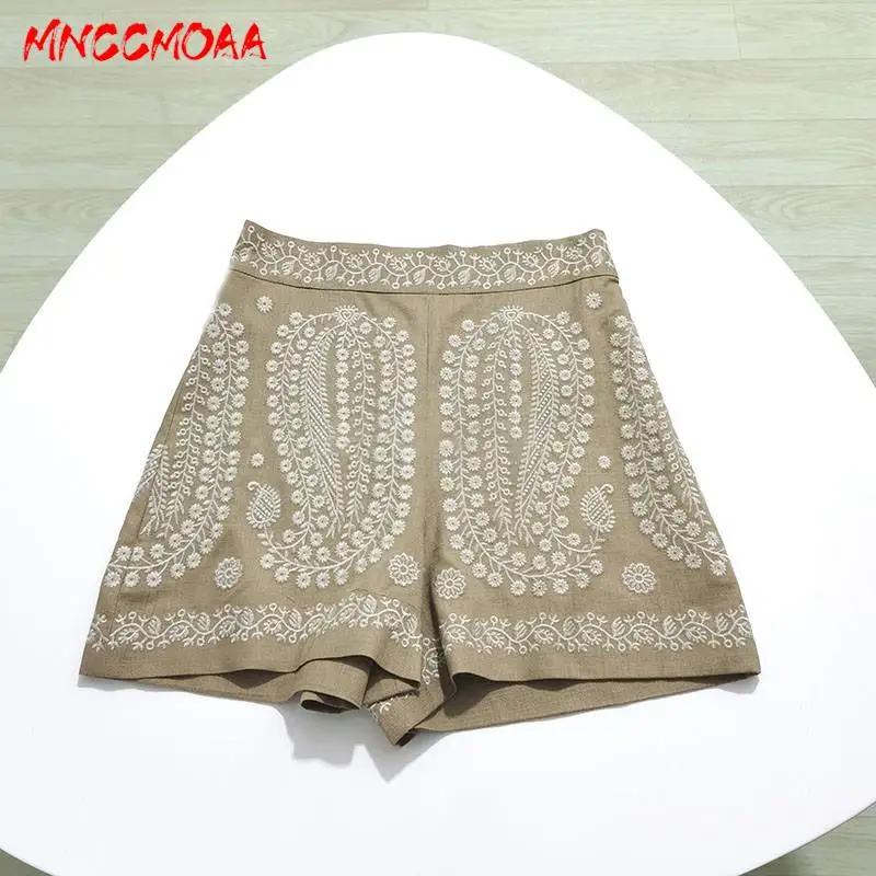 MNCCMOAA-Винтажные женские шорты с вышивкой средней талии, повседневные прямые штанины, женская мода, лето, 2024
