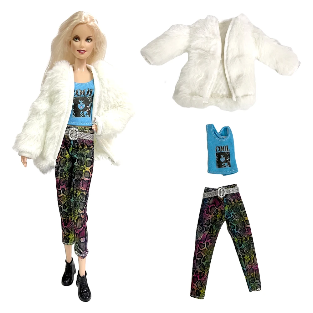 NK 3 предмета/ комплект Белая мягкая шуба + синие топы + модные брюки 1/6 BJD Повседневная одежда Зимняя одежда для аксессуаров для куклы Барби