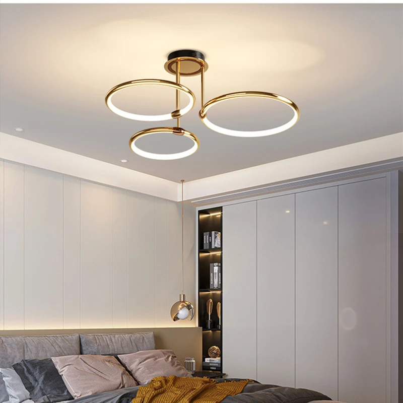 Nordic LED Golden Ring Потолочная люстра для бара, отеля, магазина, столовой, спальни, кухни, вращающихся внутренних подвесных светильников