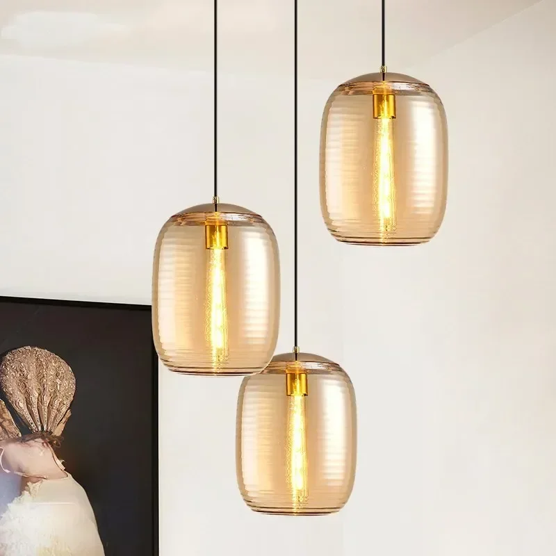 Nordic Светодиодный стеклянный подвесной светильник дымчатый серый янтарный с резьбой стеклянная люстра гостиная столовая спальня прикроватный кабинет светильник