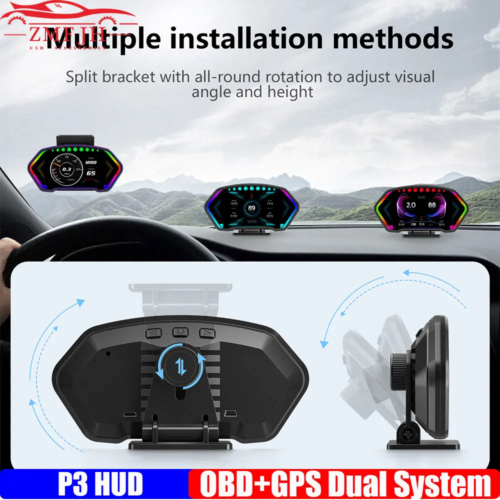 OBD+GPS Двойная система P3 HUD Автоматический акселерометр Измеритель наклона 36 Функция Проекционный дисплей GPS Сигнализация скорости Компас Тахометр Напряжение