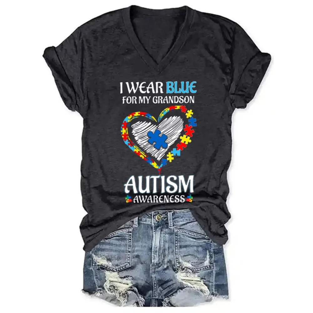 Rheaclots Женская футболка с коротким рукавом, которую я ношу синим для МОЕГО ВНУКА, Autism Awareness Love Puzzle Print V-образным вырезом и коротким рукавом