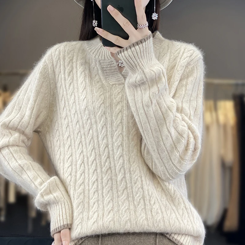 RONGNI бренд 100% свитер из чистой норковой шерсти, модный и минималистичный, компьютерный трикотаж с О-образным вырезом, новый женский пуловер с длинными рукавами
