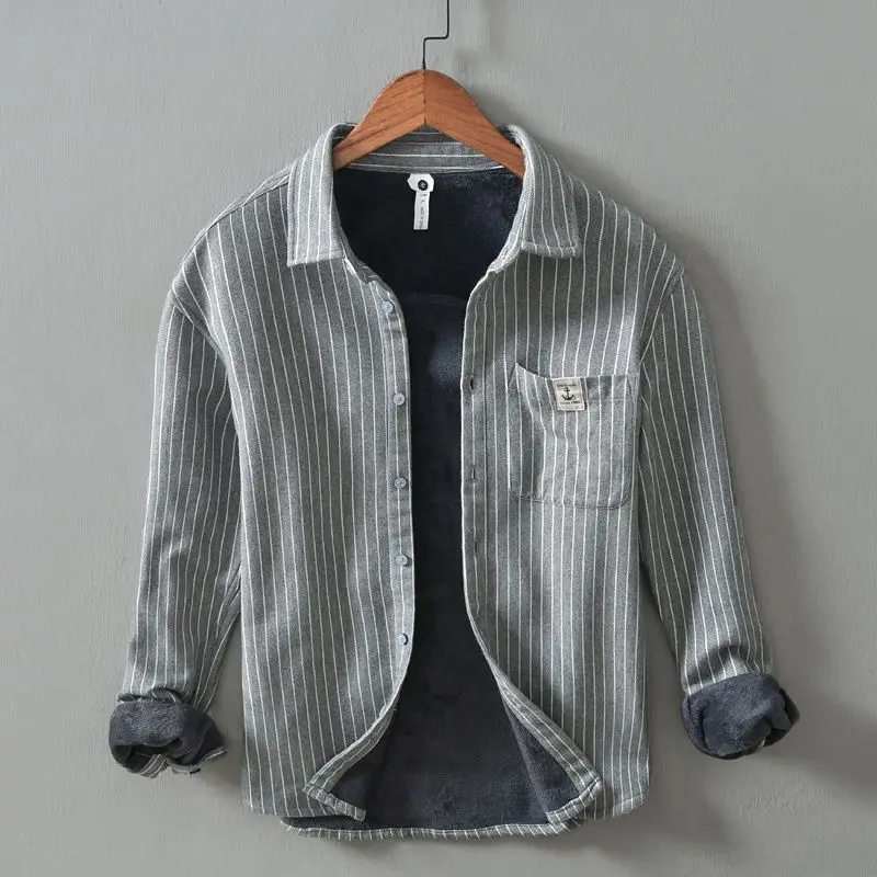 Slim Стандартная посадка Мужская деловая шик Повседневная рубашка с длинными рукавами Классическая полосатая мужская карманная социальная рубашка на пуговицах C43