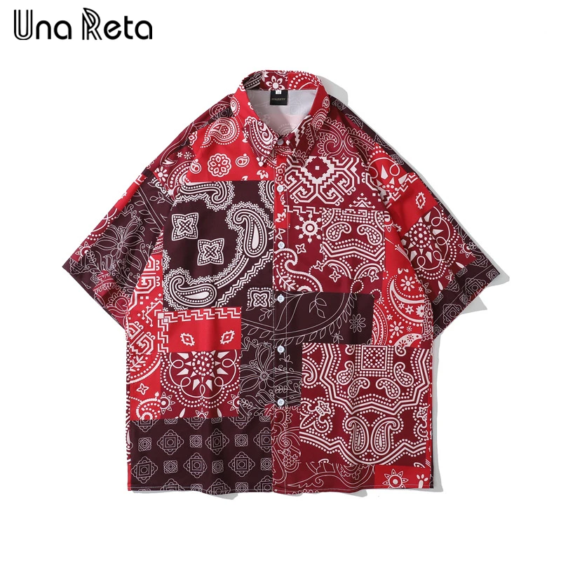 Una Reta Принт Мужская рубашка Летние топы Уличная гавайская рубашка с коротким рукавом для мужчин Harujuku Однобортные рубашки оверсайз