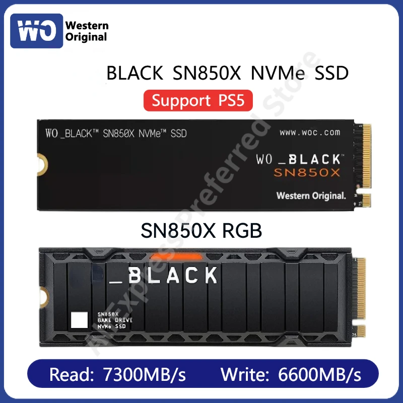 Western Original BLACK SN850X NVMe SSD 1 ТБ 2 ТБ Внутренний игровой твердотельный накопитель PCIe 4.0 M.2 2280 до 7300 МБ/с Поддержка PS5